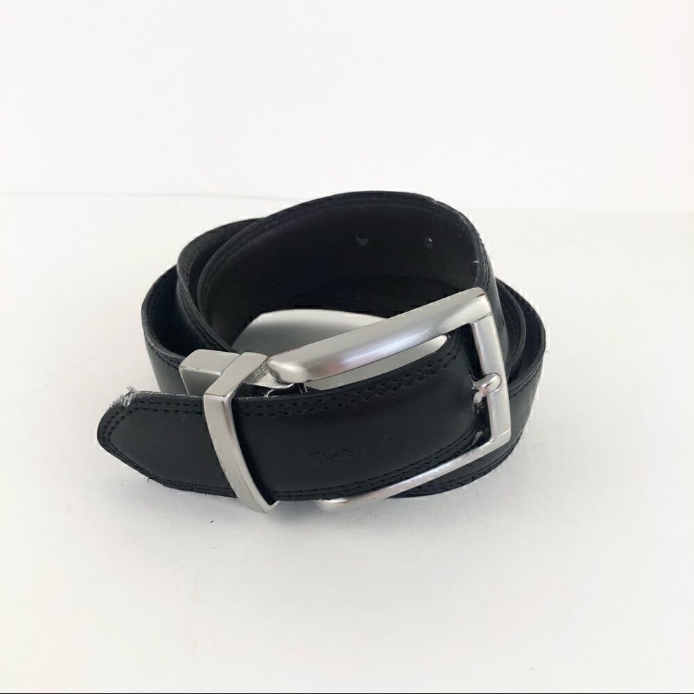 Black leather belt with silver square buckle
